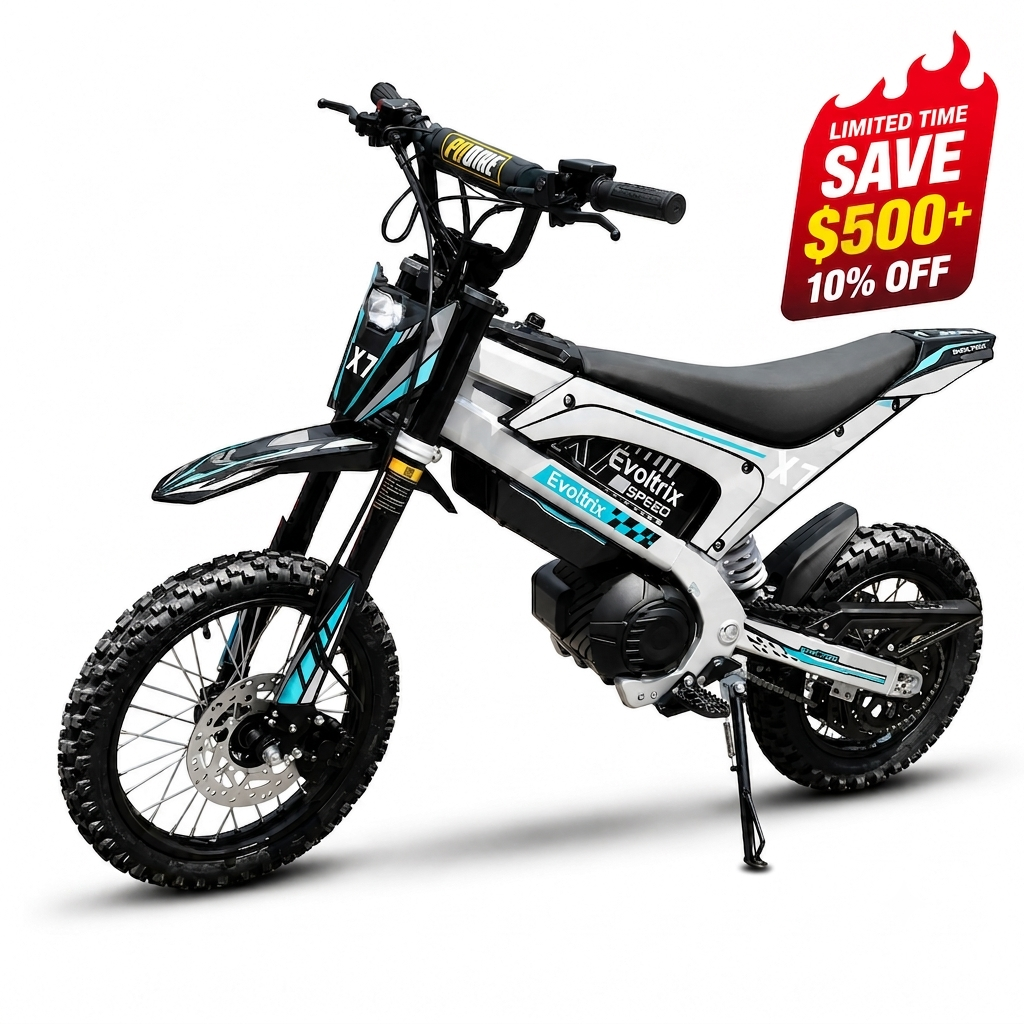 Evoltrix X7 electric dirt bike in black with a promotional badge showing save $500 plus 10% off