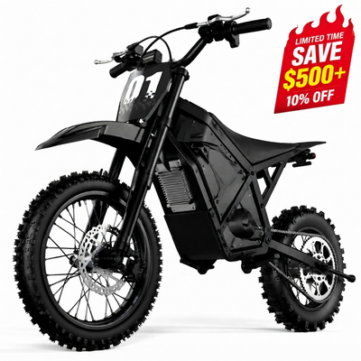 Evoltrix MAX 60 electric dirt bike in black on white background with a limited time sale badge offering save $500 plus 10% off