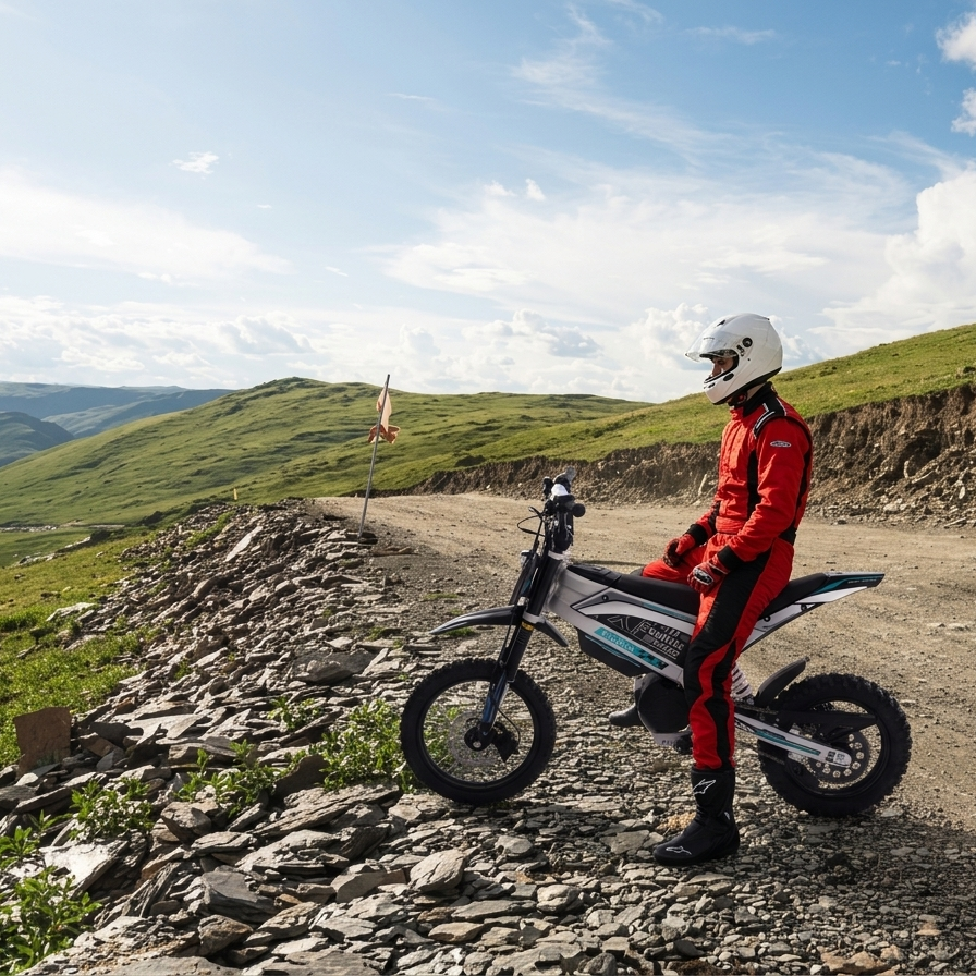 Load video: Young rider in full gear on a silver Evoltrix X7 lightweight aluminum electric dirt bike on an off-road trail.