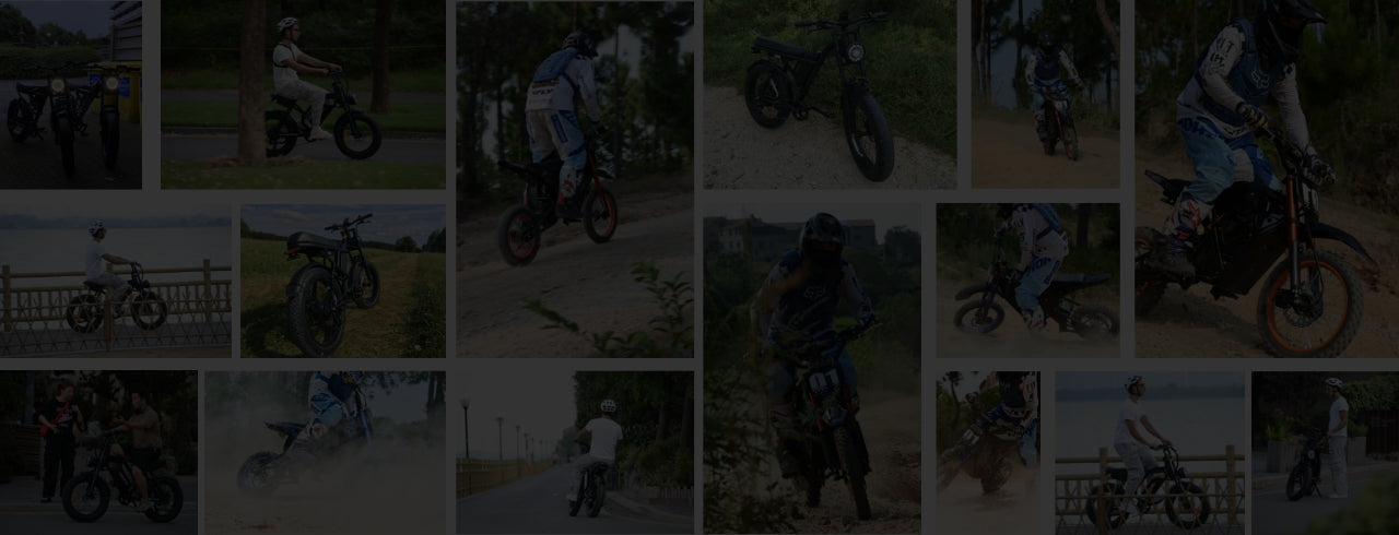 Evoltrix Off-Road Electric Dirt Bikes Photo Collage, Riders Riding Trails & Showcasing Bikes